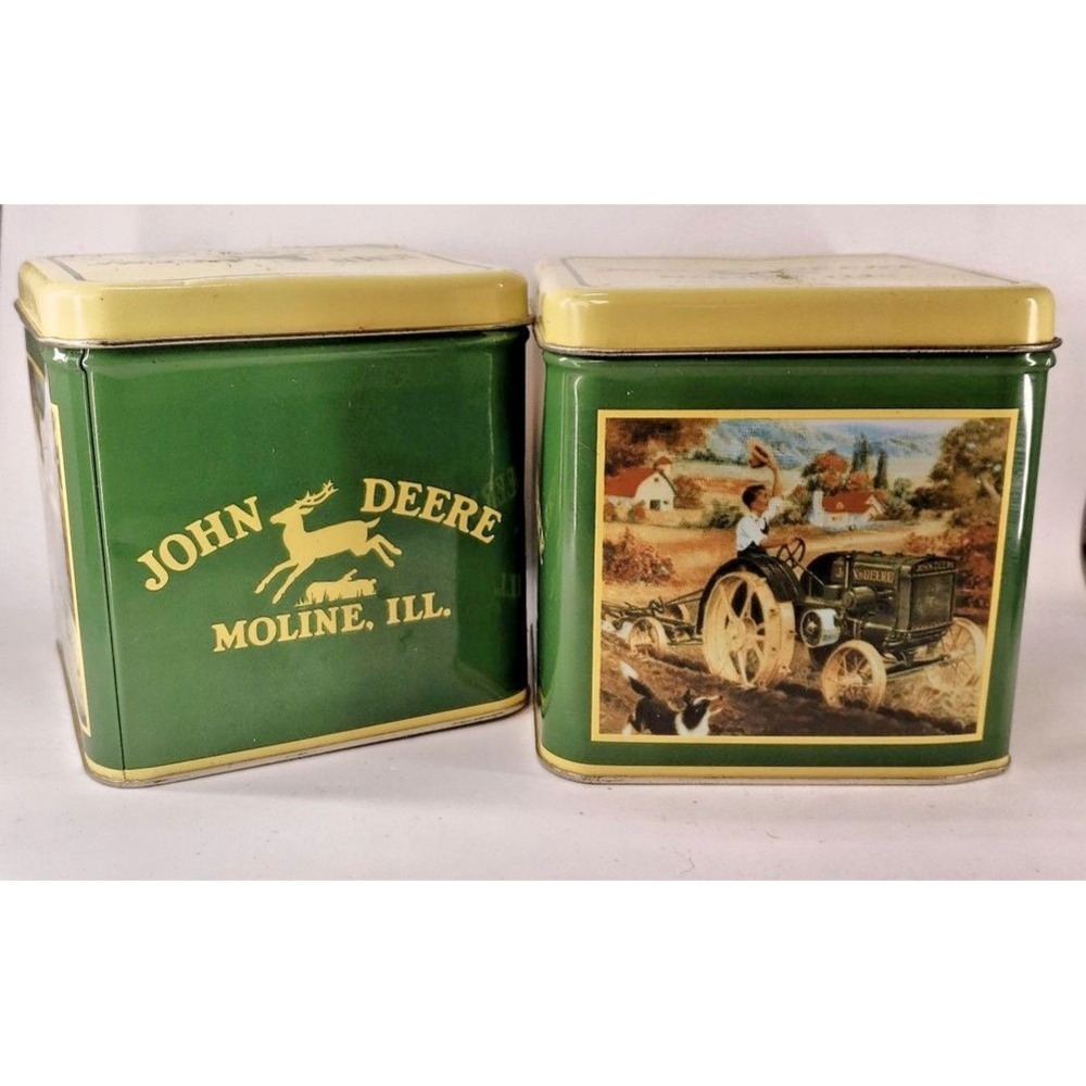 John Deere Tin Can Set 2pc Vintage Green Yellow Moline Tractor Logo Storage
